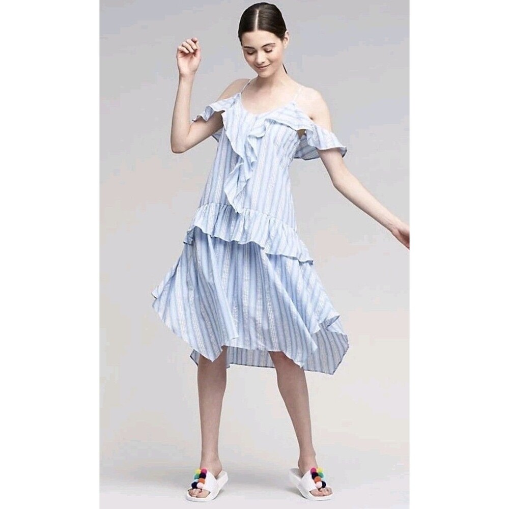 Anthropologie Moon River Eva Ruffle Dress Blue Stripe Boho Cotton S Cottagecore
